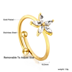 Bague fleur en acier inoxydable plaqué or 18K avec zircons et anneau ouvert ajustable