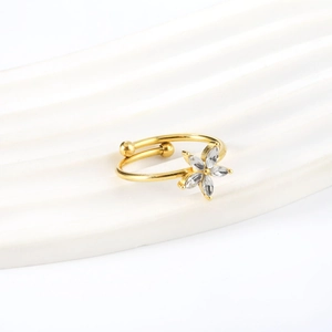 18K gold plated flower ring with clear marquise cubic zirconia petals and open band