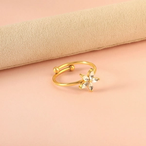 Elegant 18K gold plated stainless steel open ring with a crystal flower design for women