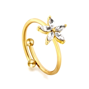 18K gold plated stainless steel open ring with a sparkling flower shaped zircon stud