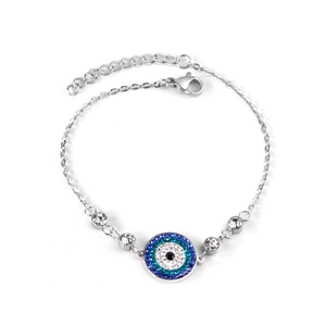 Silver stainless steel evil eye bracelet with blue crystals and adjustable chain