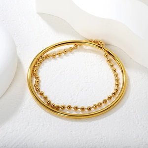 Classic 18K gold plated stainless steel bangle and beaded chain bracelet set for women