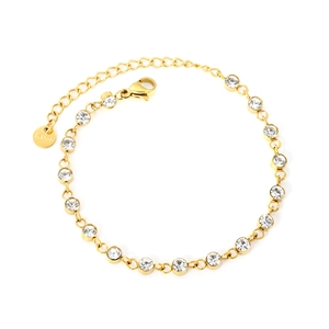 Elegant gold plated stainless steel bracelet featuring round white zircon stones on white background