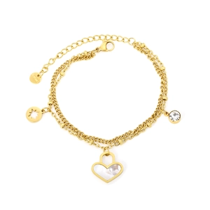Bracciale a doppio strato in acciaio dorato con lucchetto a cuore in madreperla e stelle