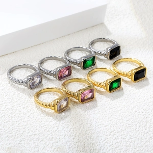 Women Vintage Stainless Steel Rectangular Zirconia Ring 18K Gold Plated Twisted Rope Band Retro Light Luxury Cocktail Gift