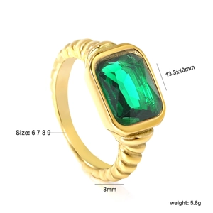 Retro stainless steel ring featuring a rectangular green emerald and twisted rope band