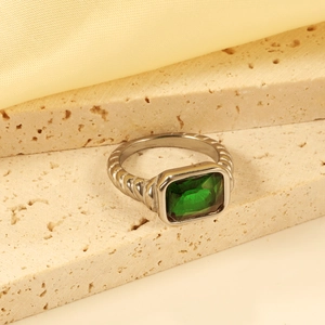 Vintage emerald green rectangular gemstone ring in silver-tone stainless steel setting