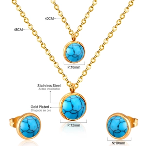Detalle de conjunto de joyas en acero inoxidable dorado con colgantes de piedra verde