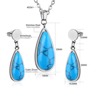 Vista detallada del conjunto de collar y pendientes de gota con dimensiones exactas