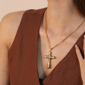 Collier Pendentif Croix Acier Inoxydable Plaqué Or Pierre Bleue Zirconium Figaro Chaîne Bijoux Luxe Vintage Femmes