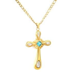 Collier croix dorée avec pierre bleue carrée et détails en zircone goutte