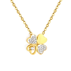 Elegant gold chain necklace with a heart-shaped four-leaf clover pendant and crystals