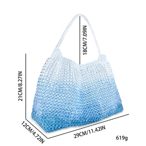 Detail view of gradient beaded tote bag with precise size and weight measurements