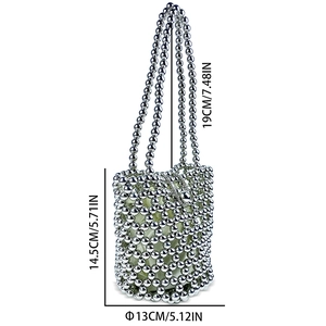 Silver beaded bucket bag with dimensions including 14.5cm height and 13cm diameter