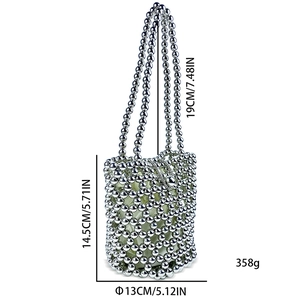 Detailed size specifications of silver beaded bucket bag with 14.5cm height and handles