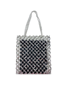 Women Metallic Silver Beaded Shoulder Bag Hand Woven Mesh Tote With Inner Liner Shiny Y2K Streetwear Handbag