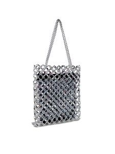 Silver metallic beaded woven tote bag with dark inner pouch and long bead strap