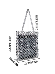 Silver woven beaded tote bag with metallic sequins and black inner pouch for women