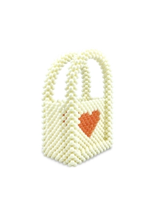 Handmade beaded mini square handbag with red heart pattern and pearl white beads
