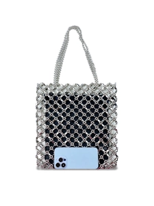 Silver beaded woven tote bag with metallic sequins and internal black liner bag