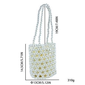 Detailed size measurement chart for handmade beaded pearl bucket bag with dimensions