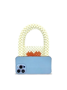 Mini handmade pearl beaded handbag with orange heart and blue iPhone for size reference