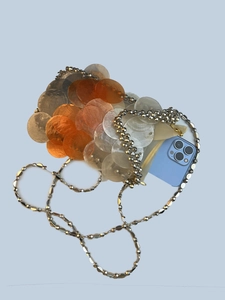 Handmade woven shell bag with colorful fish scale sequins and beaded chain strap