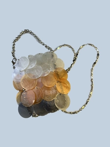 Handmade sequin shell mini handbag with tricolor gradient and silver beaded chain strap