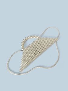 Elegant white handmade pearl beaded handbag in geometric triangle shape with crossbody chain