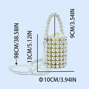 Detailed size chart of handmade pearl bucket bag with strap measurements in cm and inches