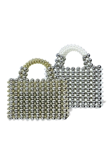 Women Handmade Beaded Handbag Metallic Finish Beads And Imitation Artificial Pearls Woven Hollow Out Zipper Evening Party Bag