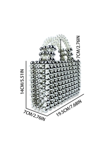 Handmade woven beaded handbag with silver and white pearls, dimensions 19.5x14x7cm