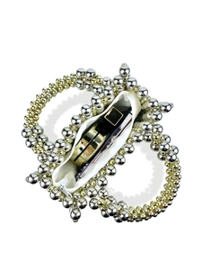 Handcrafted woven bead handbag with gold and silver metallic texture and white lining