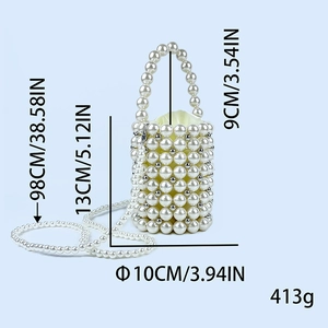 Detailed dimensions of the white pearl beaded bucket bag with silver accents and handle