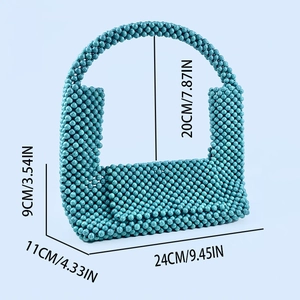 Detailed view of sky blue beaded handbag with specific size dimensions in centimeters
