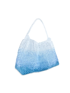 Handmade beaded woven tote bag with white and blue gradient for summer beach vacations