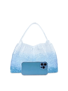 Handmade blue gradient beaded handbag for summer beach vacation with size reference