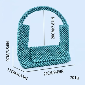 Detail of turquoise beaded handbag with dimensions 24x11x9cm and 701g weight info