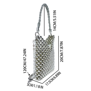 Detailed dimensions of silver beaded handbag with strap length and body measurements