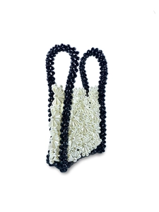 Handmade beaded handbag with white floral daisies and black round resin pearls