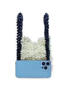 Handmade daisy pearl woven mini bag with black handles and small floral bead patterns