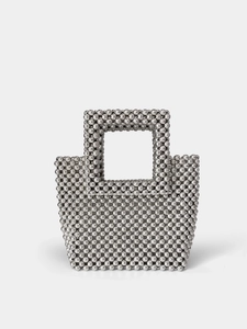 Women Hand Woven Acrylic Beaded Square Bag Silver Metallic Luster Minimalist Lightweight Small Tote Bag For Daily Party Handbag