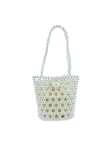 Handmade Beaded Mini Bucket Bag Faux Artificial Pearl Metallic Hollow Out Handbag With Drawstring Inner Pouch For Women Elegant