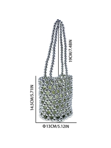 Silver beaded bucket bag with dimensions 13x14.5cm and elegant shoulder strap
