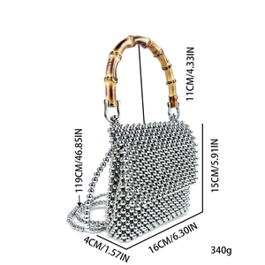 Silver beaded handbag with bamboo-style handle, size 16x15x4cm and long chain strap