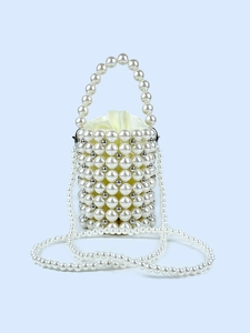 Handmade Artificial Pearl Beaded Bucket Bag With Drawstring Satin Lining And Detachable Artificial Pearl Chain Strap Elegant French Handbag
