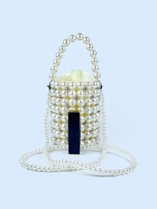 Exquisite handmade white pearl beaded bucket bag with drawstring satin lining and lipstick