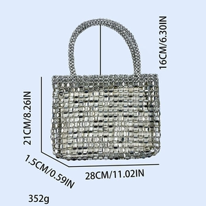 Silver beaded tote bag dimensions showing width 28cm height 21cm and handle drop 16cm