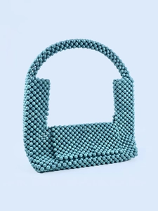 Handmade turquoise beaded U-shape flap handbag with marbled texture beads and top handle