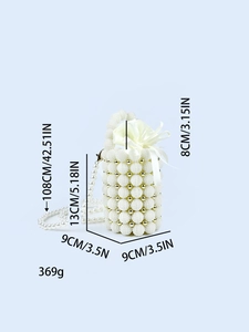 Detailed dimensions of handmade pearl evening bucket bag with satin bow and chain